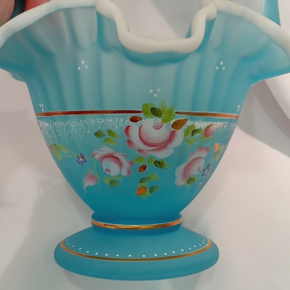 Fenton Basket Light Blue Handpainted Flowers Signed By Artist - Picture 8 of 8